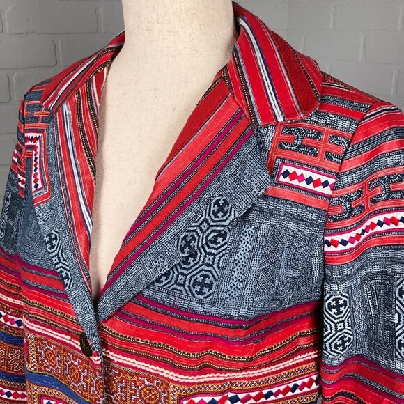Coldwater Creek Jacket Women 8 Petite Red Blue Geometric Stripe Boho Diamond - Picture 2 of 11